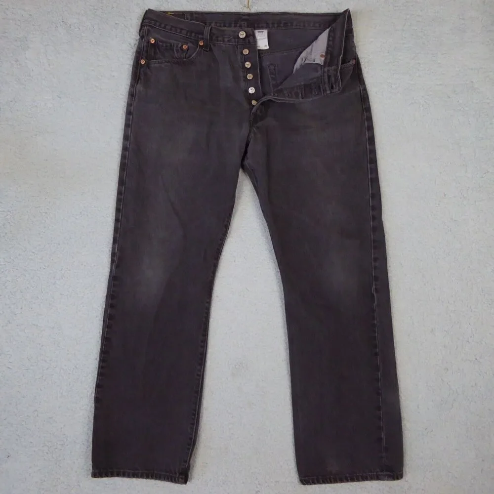 Levis 501 Jeans Mens 38x32 Black Denim Button Fly Distressed Straight Leg Y2K